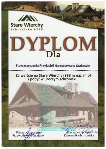 Okolicznościowy dyplom upamiętniający nasz pobyt w schronisku na Starych Wierchach